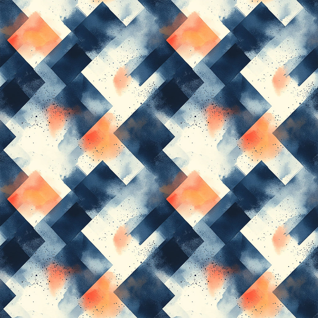 navy blue, coral orange, cream white, geometric squares, overlapping shapes, mid century modern, abstract pattern, watercolor texture, speckled dots, diagonal arrangement, contemporary design,, fabric panel, modern geometric, blue and orange, layered squares, artistic blocks, retro style, minimalist pattern