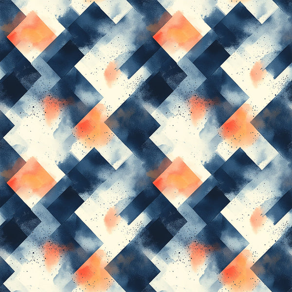 navy blue, coral orange, cream white, geometric squares, overlapping shapes, mid century modern, abstract pattern, watercolor texture, speckled dots, diagonal arrangement, contemporary design,, fabric panel, modern geometric, blue and orange, layered squares, artistic blocks, retro style, minimalist pattern