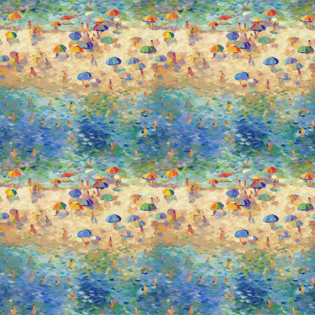 beach scene, impressionist style, colorful umbrellas, swimmers, ocean water, sandy beach, blue water, vibrant colors, summer vacation, seaside painting,, fabric panel, pointillism technique, beachgoers, parasols, turquoise, orange, purple, yellow, green, artistic pattern, water reflections