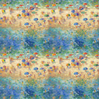 beach scene, impressionist style, colorful umbrellas, swimmers, ocean water, sandy beach, blue water, vibrant colors, summer vacation, seaside painting,, fabric panel, pointillism technique, beachgoers, parasols, turquoise, orange, purple, yellow, green, artistic pattern, water reflections