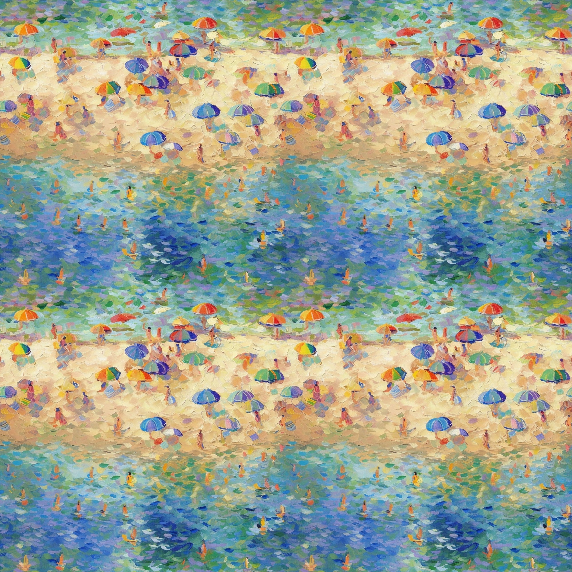 beach scene, impressionist style, colorful umbrellas, swimmers, ocean water, sandy beach, blue water, vibrant colors, summer vacation, seaside painting,, fabric panel, pointillism technique, beachgoers, parasols, turquoise, orange, purple, yellow, green, artistic pattern, water reflections