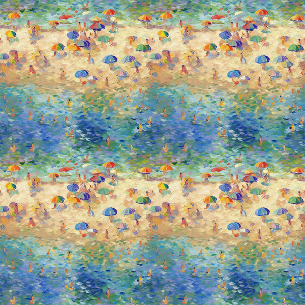 beach scene, impressionist style, colorful umbrellas, swimmers, ocean water, sandy beach, blue water, vibrant colors, summer vacation, seaside painting,, fabric panel, pointillism technique, beachgoers, parasols, turquoise, orange, purple, yellow, green, artistic pattern, water reflections