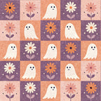 retro halloween,, fabric panel, cute ghosts, daisy flowers, checkerboard pattern, purple background, coral orange, peach pink, cream white, kawaii style, friendly ghosts, floral motifs, alternating squares, whimsical design, autumn colors, halloween decor, vintage aesthetic, repeating pattern, crafting fabric