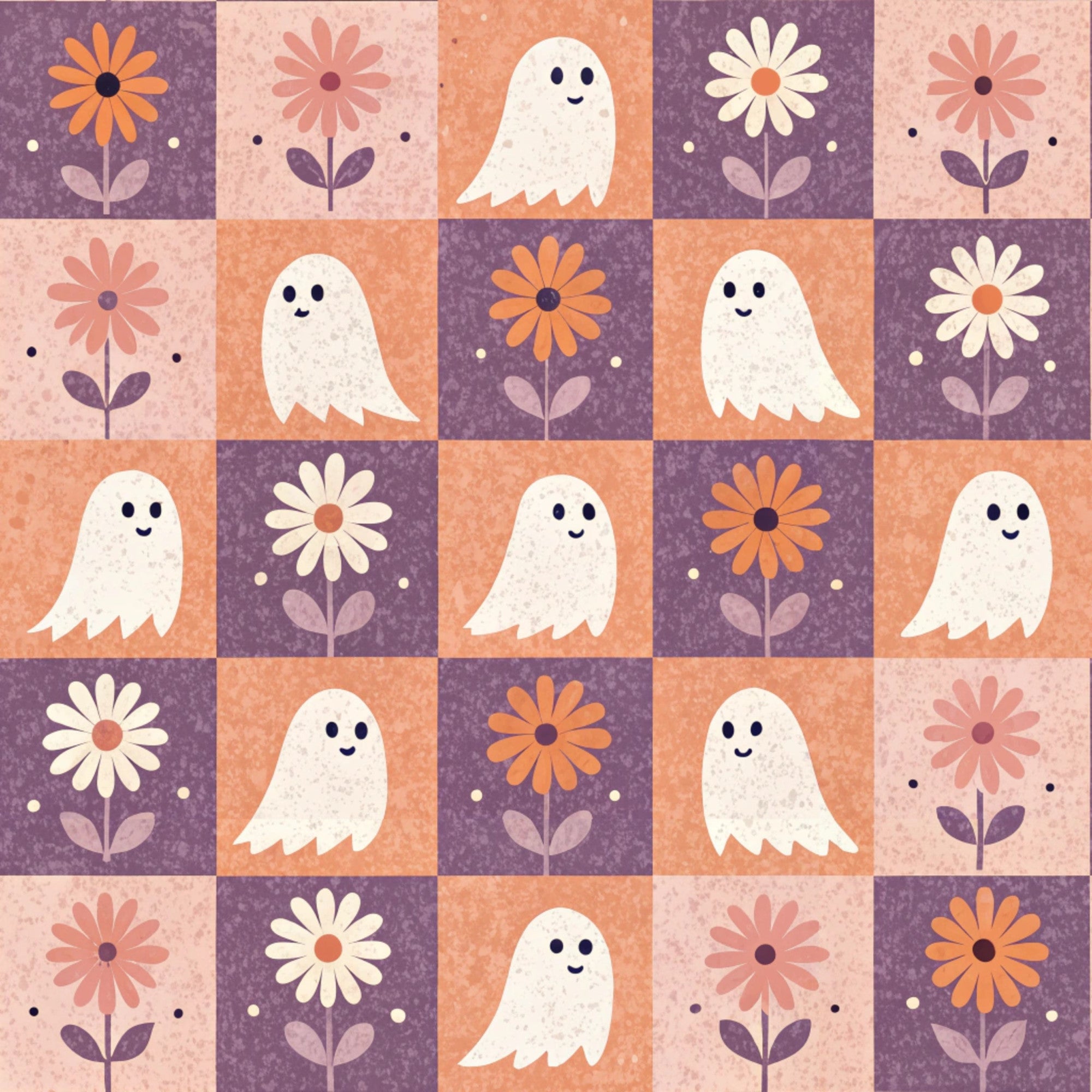 retro halloween,, fabric panel, cute ghosts, daisy flowers, checkerboard pattern, purple background, coral orange, peach pink, cream white, kawaii style, friendly ghosts, floral motifs, alternating squares, whimsical design, autumn colors, halloween decor, vintage aesthetic, repeating pattern, crafting fabric
