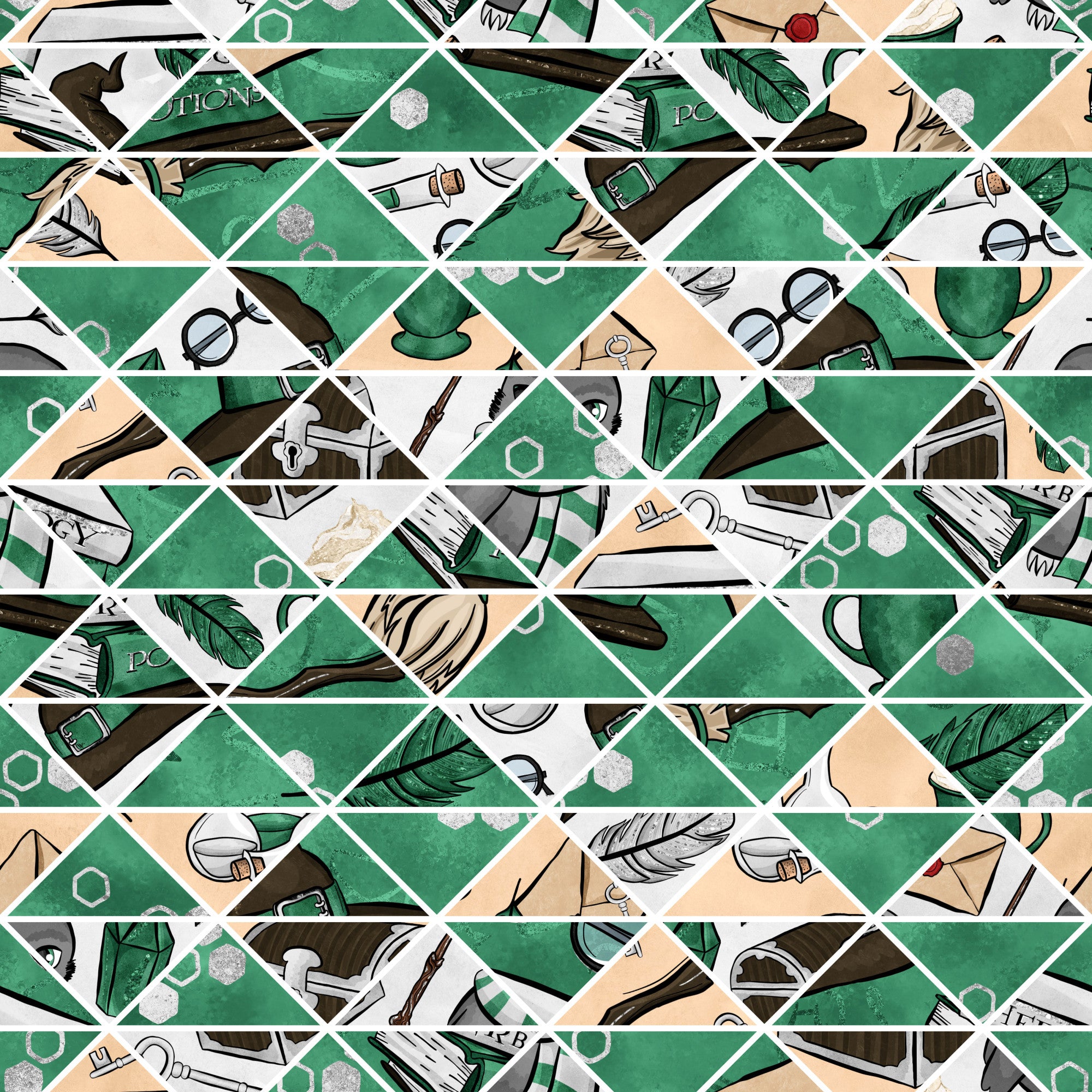 emerald green, forest green, beige, cream, white, diamond grid pattern, magical elements, wizard accessories, feathers, potions, spell books, mystical symbols, hexagons, geometric shapes, fantasy theme,, fabric panel, whimsical illustrations, scattered motifs, magical school