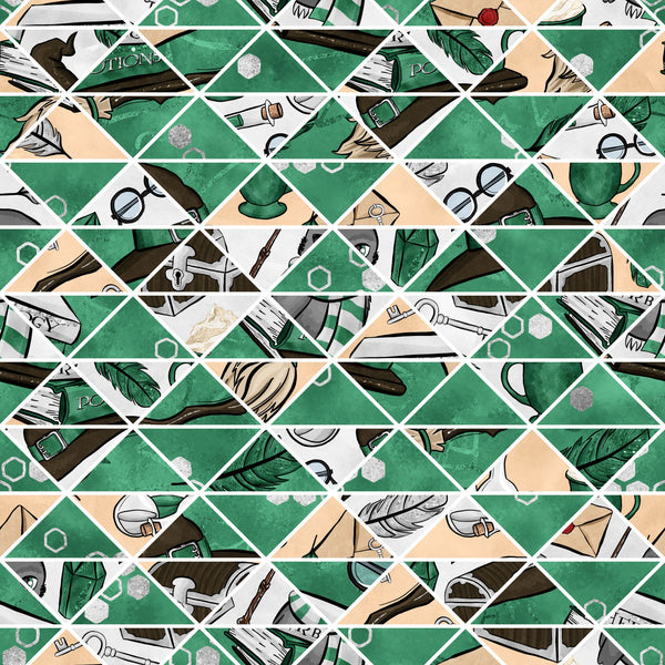 emerald green, forest green, beige, cream, white, diamond grid pattern, magical elements, wizard accessories, feathers, potions, spell books, mystical symbols, hexagons, geometric shapes, fantasy theme,, fabric panel, whimsical illustrations, scattered motifs, magical school