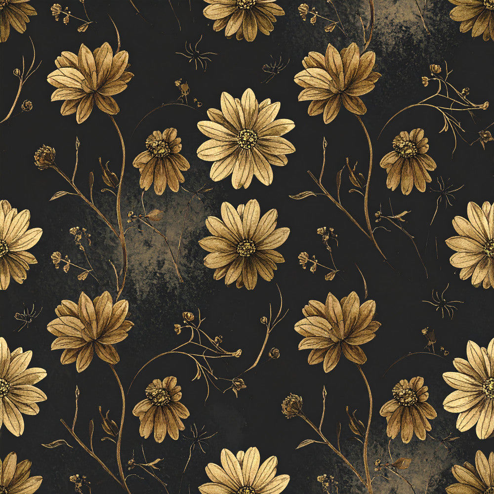 gold flowers, black background, charcoal, cream petals, daisy, botanical, floral, vintage, elegant, rustic, nature, garden, dark academia, celestial, autumn, fall, whimsical, traditional, ornate, delicate, botanical illustration, spiders, insects, dried flowers, moody, gothic, cottagecore, farmhouse, natural elements