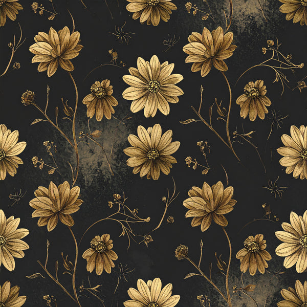 gold flowers, black background, charcoal, cream petals, daisy, botanical, floral, vintage, elegant, rustic, nature, garden, dark academia, celestial, autumn, fall, whimsical, traditional, ornate, delicate, botanical illustration, spiders, insects, dried flowers, moody, gothic, cottagecore, farmhouse, natural elements