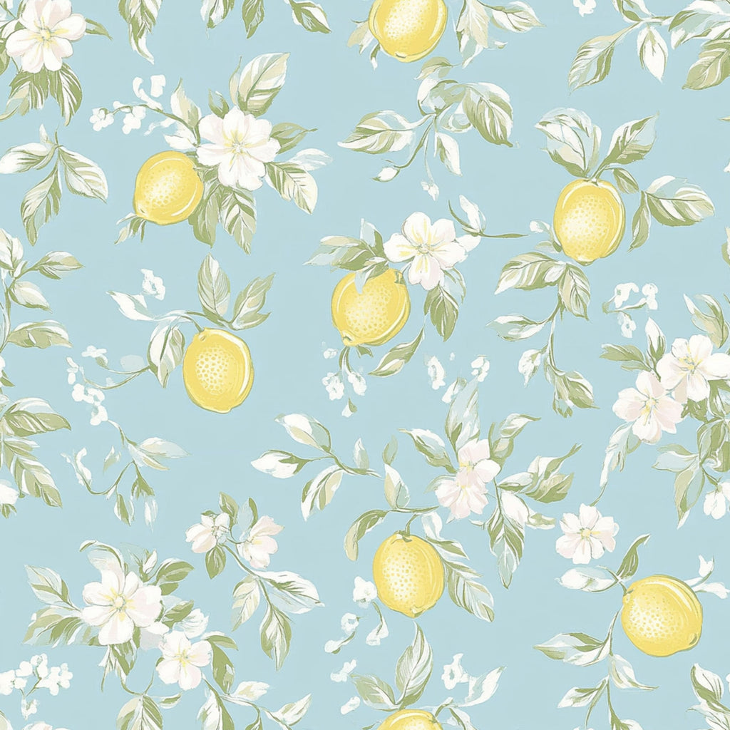 lemon yellow, soft blue, pale pink, white blossoms, citrus fruit, floral pattern, botanical design, shabby chic, vintage style,, fabric panel, spring motif, delicate flowers, pastel colors, romantic aesthetic, cottage core, feminine design, botanical illustration, repeating pattern, soft watercolor