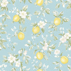 lemon yellow, soft blue, pale pink, white blossoms, citrus fruit, floral pattern, botanical design, shabby chic, vintage style,, fabric panel, spring motif, delicate flowers, pastel colors, romantic aesthetic, cottage core, feminine design, botanical illustration, repeating pattern, soft watercolor
