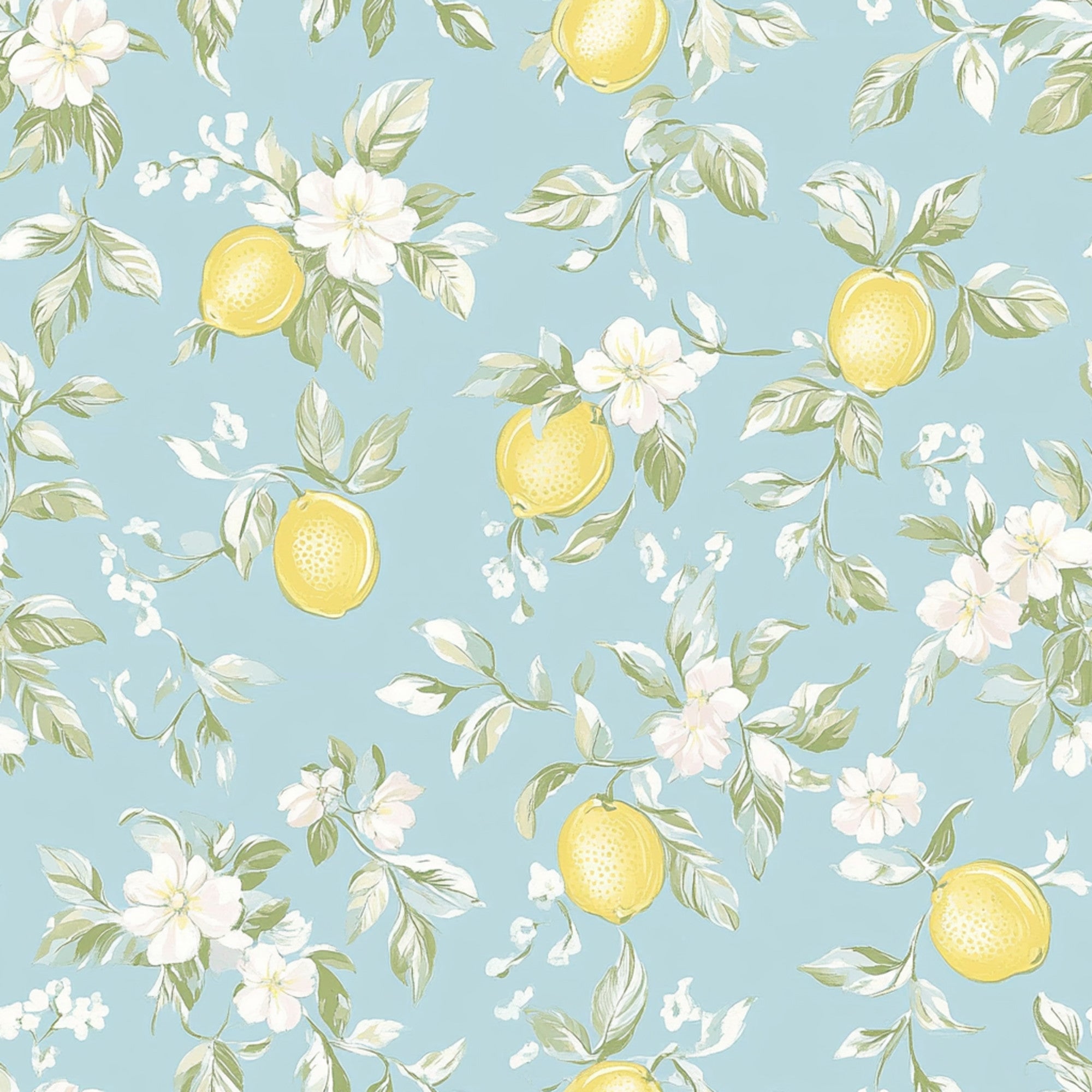 lemon yellow, soft blue, pale pink, white blossoms, citrus fruit, floral pattern, botanical design, shabby chic, vintage style,, fabric panel, spring motif, delicate flowers, pastel colors, romantic aesthetic, cottage core, feminine design, botanical illustration, repeating pattern, soft watercolor