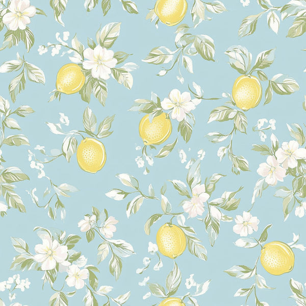 lemon yellow, soft blue, pale pink, white blossoms, citrus fruit, floral pattern, botanical design, shabby chic, vintage style,, fabric panel, spring motif, delicate flowers, pastel colors, romantic aesthetic, cottage core, feminine design, botanical illustration, repeating pattern, soft watercolor