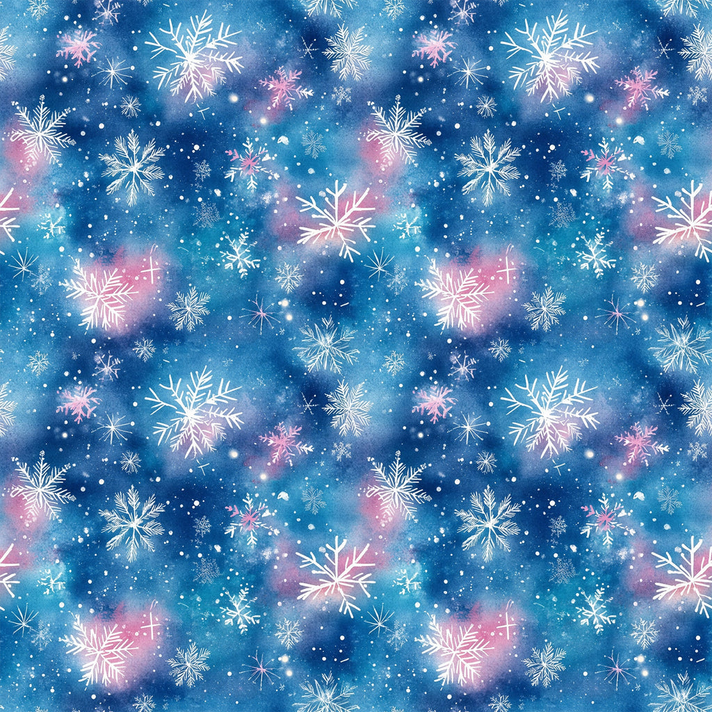 watercolor blue, christmas pattern,, fabric panel, snowflakes, winter motifs, blue background, pink accents, white snowflakes, starry sky, celestial design, holiday fabric, winter wonderland, frosty patterns, snow crystals, magical atmosphere, dreamy design, seasonal fabric, crafting material, cotton fabric