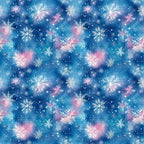 watercolor blue, christmas pattern,, fabric panel, snowflakes, winter motifs, blue background, pink accents, white snowflakes, starry sky, celestial design, holiday fabric, winter wonderland, frosty patterns, snow crystals, magical atmosphere, dreamy design, seasonal fabric, crafting material, cotton fabric