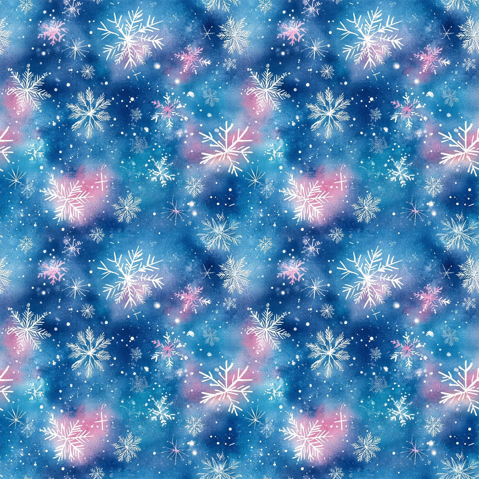 watercolor blue, christmas pattern,, fabric panel, snowflakes, winter motifs, blue background, pink accents, white snowflakes, starry sky, celestial design, holiday fabric, winter wonderland, frosty patterns, snow crystals, magical atmosphere, dreamy design, seasonal fabric, crafting material, cotton fabric
