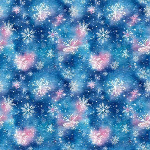 watercolor blue, christmas pattern,, fabric panel, snowflakes, winter motifs, blue background, pink accents, white snowflakes, starry sky, celestial design, holiday fabric, winter wonderland, frosty patterns, snow crystals, magical atmosphere, dreamy design, seasonal fabric, crafting material, cotton fabric