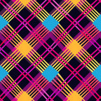 neon gingham, bright pink, electric blue, orange, yellow, purple, magenta, geometric pattern, plaid design, checkered, striped overlay, vibrant colors,, fabric panel, modern style, contemporary, eye-catching, colorful squares, intersecting lines, bold colors