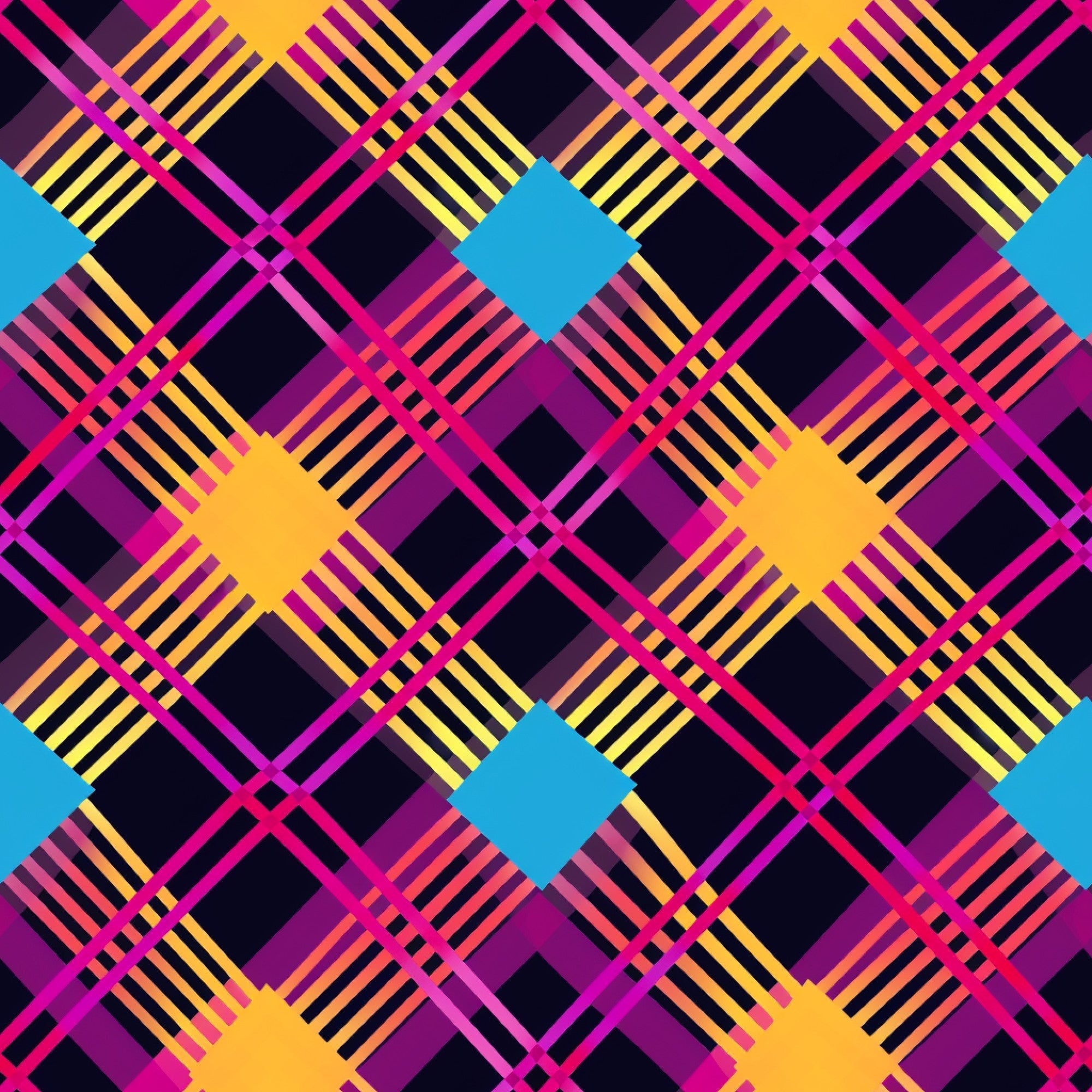 neon gingham, bright pink, electric blue, orange, yellow, purple, magenta, geometric pattern, plaid design, checkered, striped overlay, vibrant colors,, fabric panel, modern style, contemporary, eye-catching, colorful squares, intersecting lines, bold colors
