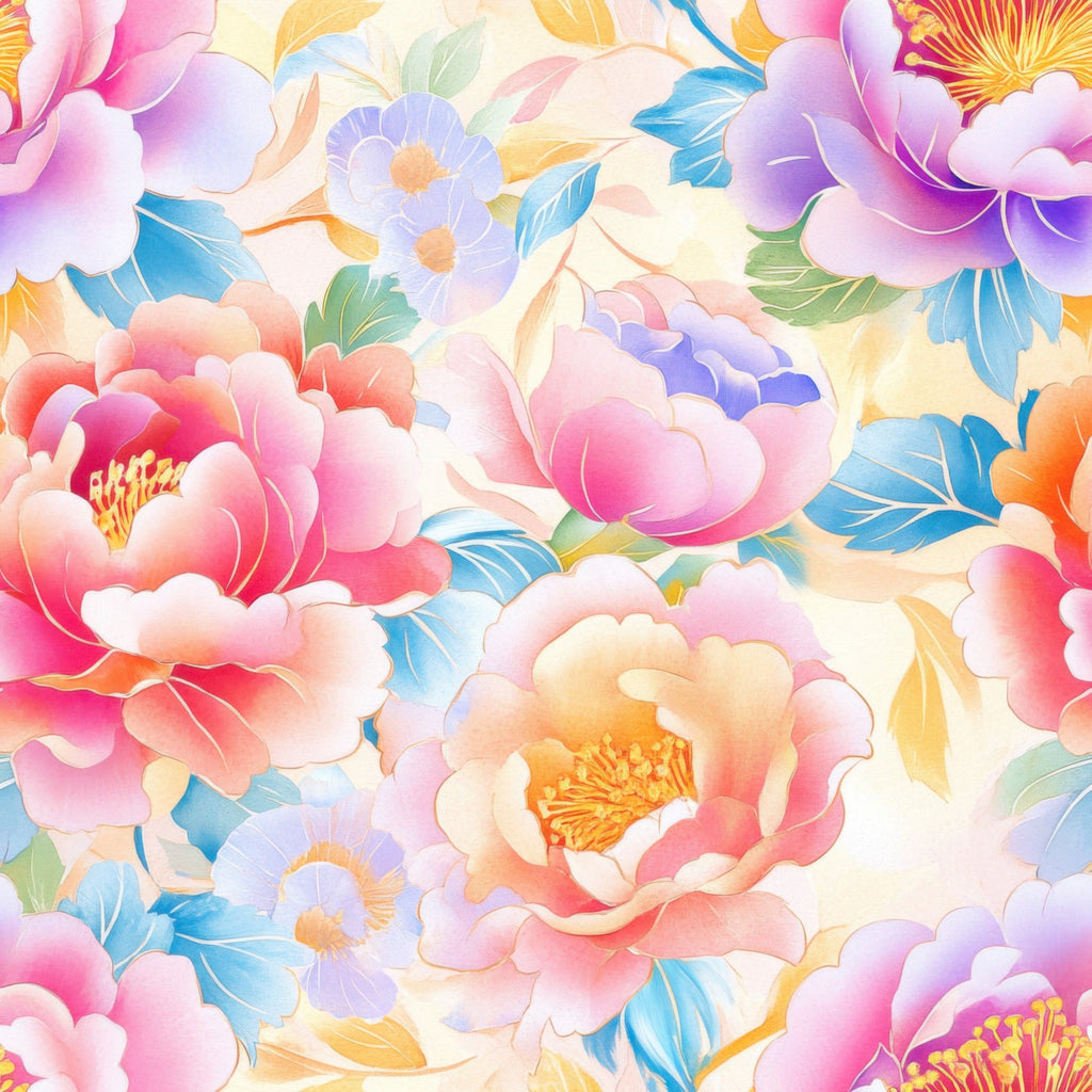 watercolor florals, pastel pink, soft purple, coral orange, sky blue, peony flowers, blooming blossoms, japanese style, delicate petals, gradient colors,, fabric panel, floral pattern, spring blooms, artistic watercolor, feminine design, crafting material, seamless repeat, botanical motifs