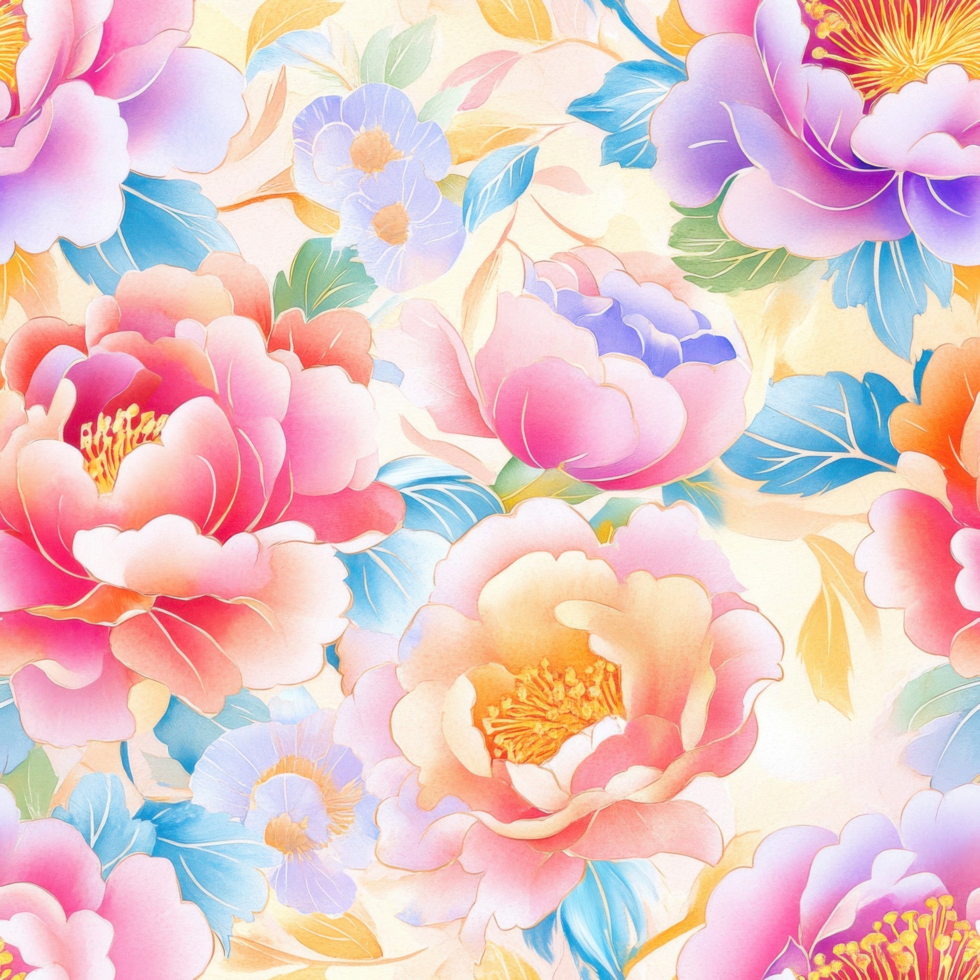 watercolor florals, pastel pink, soft purple, coral orange, sky blue, peony flowers, blooming blossoms, japanese style, delicate petals, gradient colors,, fabric panel, floral pattern, spring blooms, artistic watercolor, feminine design, crafting material, seamless repeat, botanical motifs