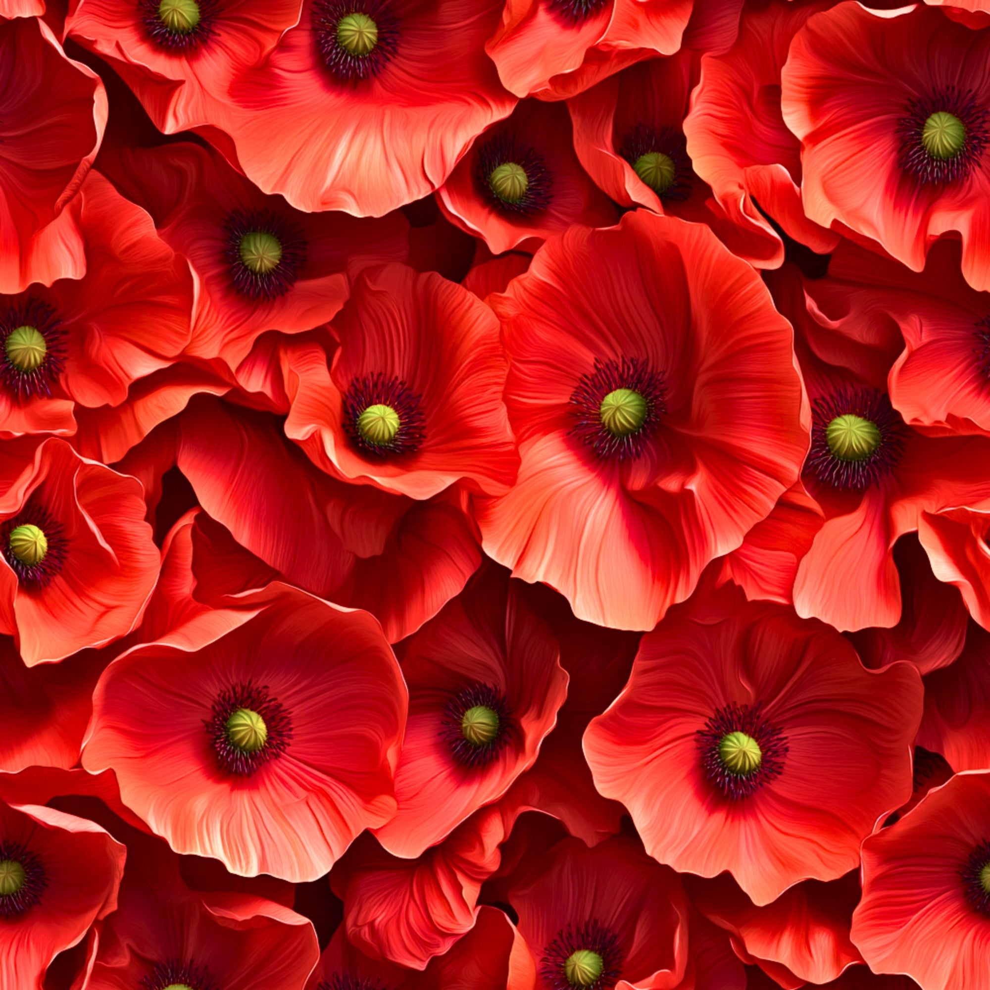 red poppies, coral flowers, scarlet petals, green centers, realistic floral, botanical pattern, overlapping blooms, vibrant red,, fabric panel, seamless design, delicate petals, nature motif, spring flowers, detailed illustration, flowing pattern, bright colors, floral wallpaper design, romantic florals