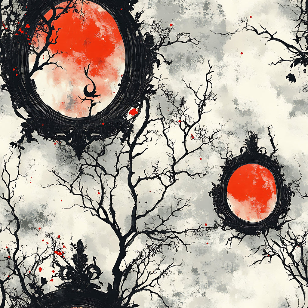 blood red, orange red, black, gray, white, cream, bare branches, twisted trees, circular moon, gothic style, spooky atmosphere, horror theme, dark mood, eerie scene, halloween fabric,, fabric panel, distressed texture, splatters, haunting design