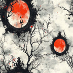 blood red, orange red, black, gray, white, cream, bare branches, twisted trees, circular moon, gothic style, spooky atmosphere, horror theme, dark mood, eerie scene, halloween fabric,, fabric panel, distressed texture, splatters, haunting design