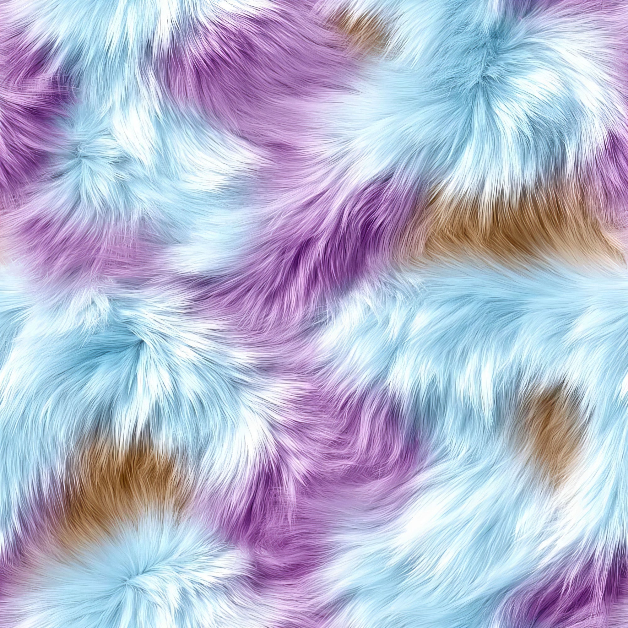 fluffy fur, faux fur texture, purple fur, lavender, light blue, aqua, brown accents, white highlights, swirled pattern, furry texture, soft appearance, plush design,, fabric panel, realistic fur, multicolored, pastel tones, textural design, animal fur motif, crafting fabric