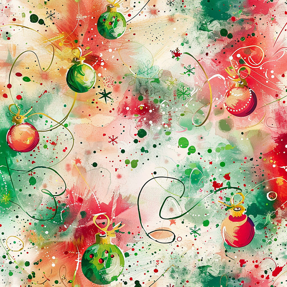 christmas, holiday, festive, red, green, gold, cream, watercolor, abstract, splatter, paint splatter, ornaments, baubles, snowflakes, whimsical, playful, modern, artistic, colorful, vibrant, coral, emerald green, jewel tones, hand-painted, contemporary, decorative, seasonal, celebration, children's, kids room