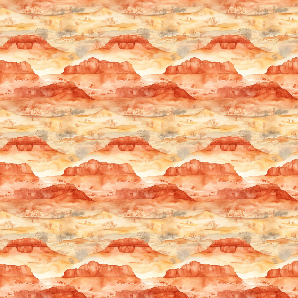 desert landscape, rust orange, coral red, cream beige, warm yellow, canyon formations, mesa rocks, desert trees, southwestern scenery, watercolor style, repeating pattern,, fabric panel, sunrise colors, arid landscape, rock formations, desert flora, layered mountains, warm earth tones, panoramic scenes