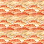 desert landscape, rust orange, coral red, cream beige, warm yellow, canyon formations, mesa rocks, desert trees, southwestern scenery, watercolor style, repeating pattern,, fabric panel, sunrise colors, arid landscape, rock formations, desert flora, layered mountains, warm earth tones, panoramic scenes