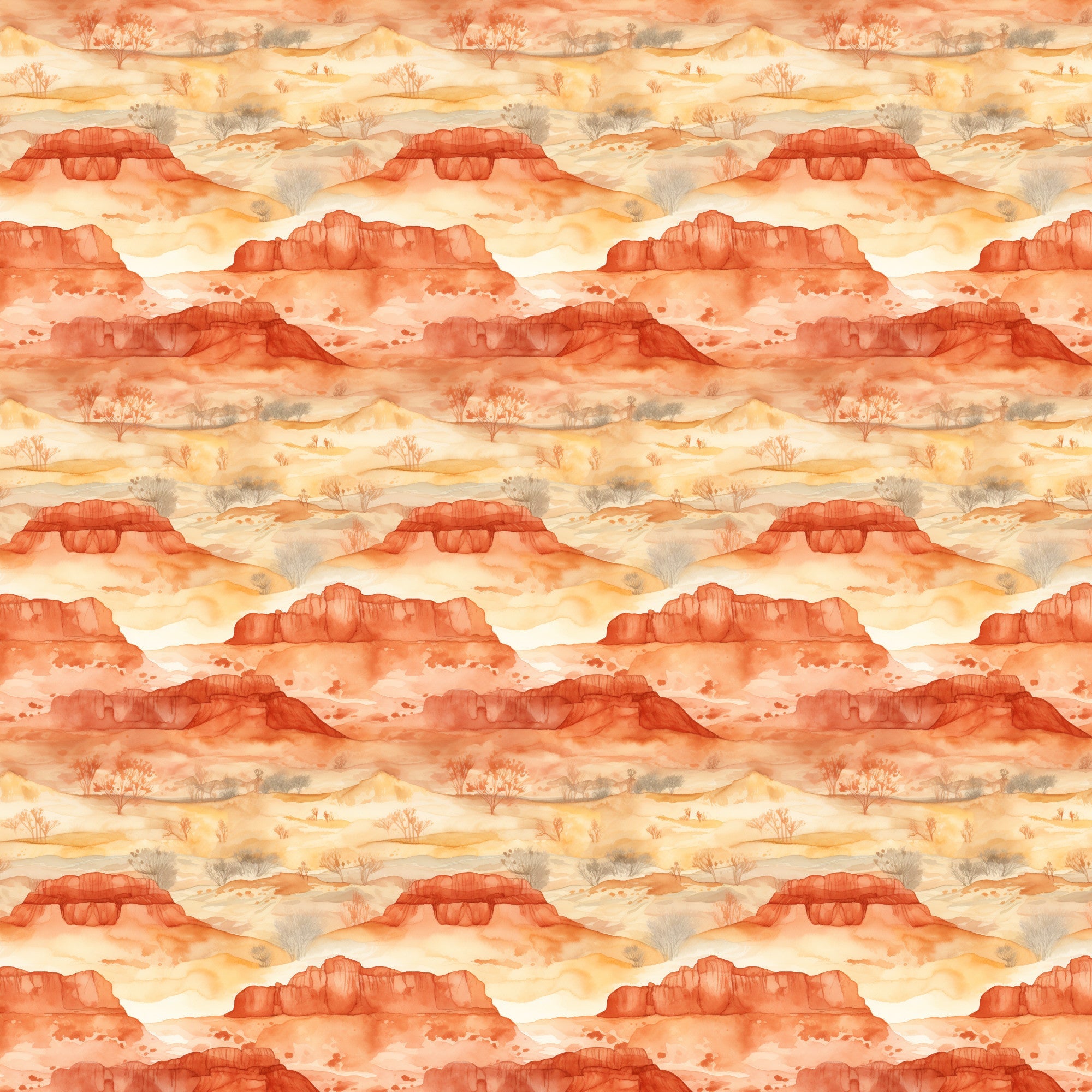 desert landscape, rust orange, coral red, cream beige, warm yellow, canyon formations, mesa rocks, desert trees, southwestern scenery, watercolor style, repeating pattern,, fabric panel, sunrise colors, arid landscape, rock formations, desert flora, layered mountains, warm earth tones, panoramic scenes