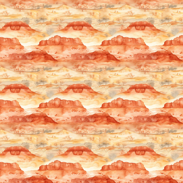 desert landscape, rust orange, coral red, cream beige, warm yellow, canyon formations, mesa rocks, desert trees, southwestern scenery, watercolor style, repeating pattern,, fabric panel, sunrise colors, arid landscape, rock formations, desert flora, layered mountains, warm earth tones, panoramic scenes