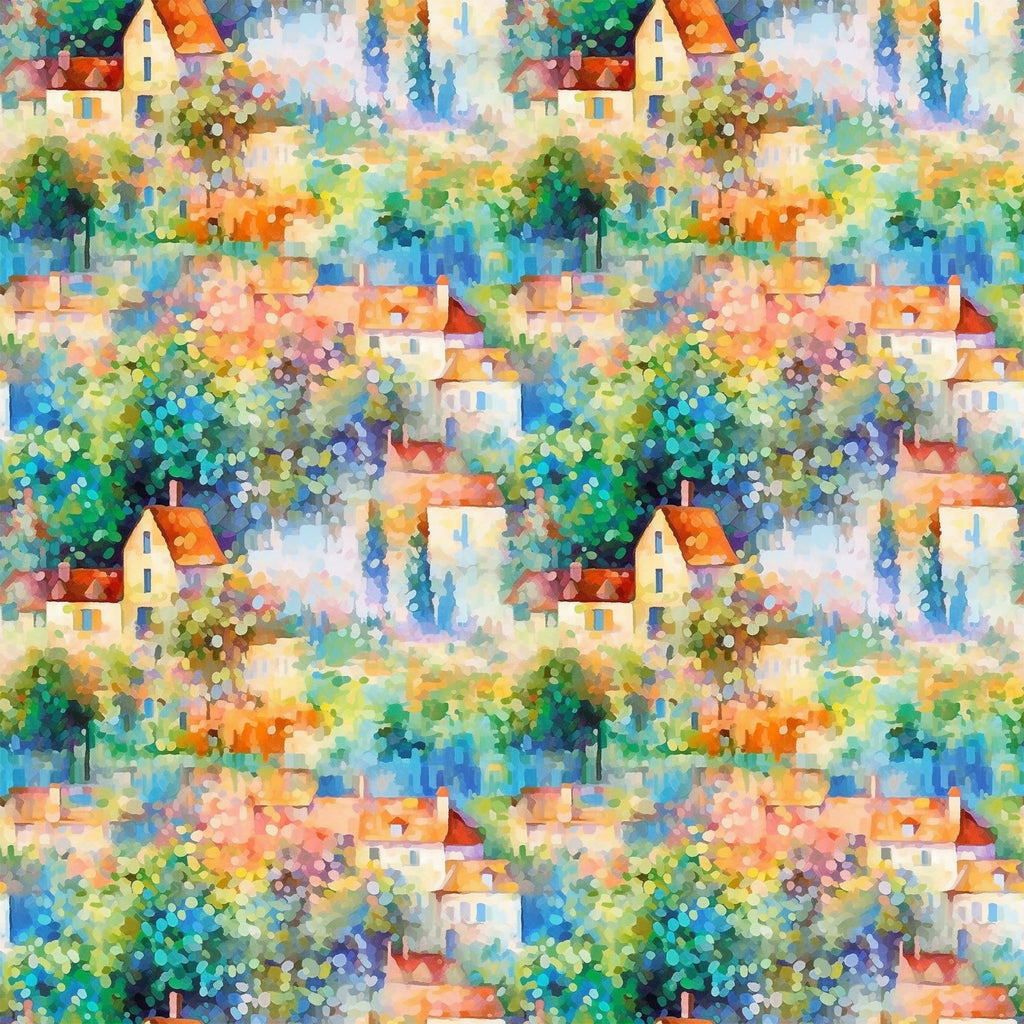 impressionist style, monet inspired, cottage houses, village scene, orange roofs, blue water, green foliage, colorful trees, pointillism technique, peaceful landscape,, fabric panel, watercolor effect, pastoral scene, european village, artistic pattern, vibrant colors, repeating motif, countryside setting, painterly style