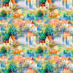 impressionist style, monet inspired, cottage houses, village scene, orange roofs, blue water, green foliage, colorful trees, pointillism technique, peaceful landscape,, fabric panel, watercolor effect, pastoral scene, european village, artistic pattern, vibrant colors, repeating motif, countryside setting, painterly style