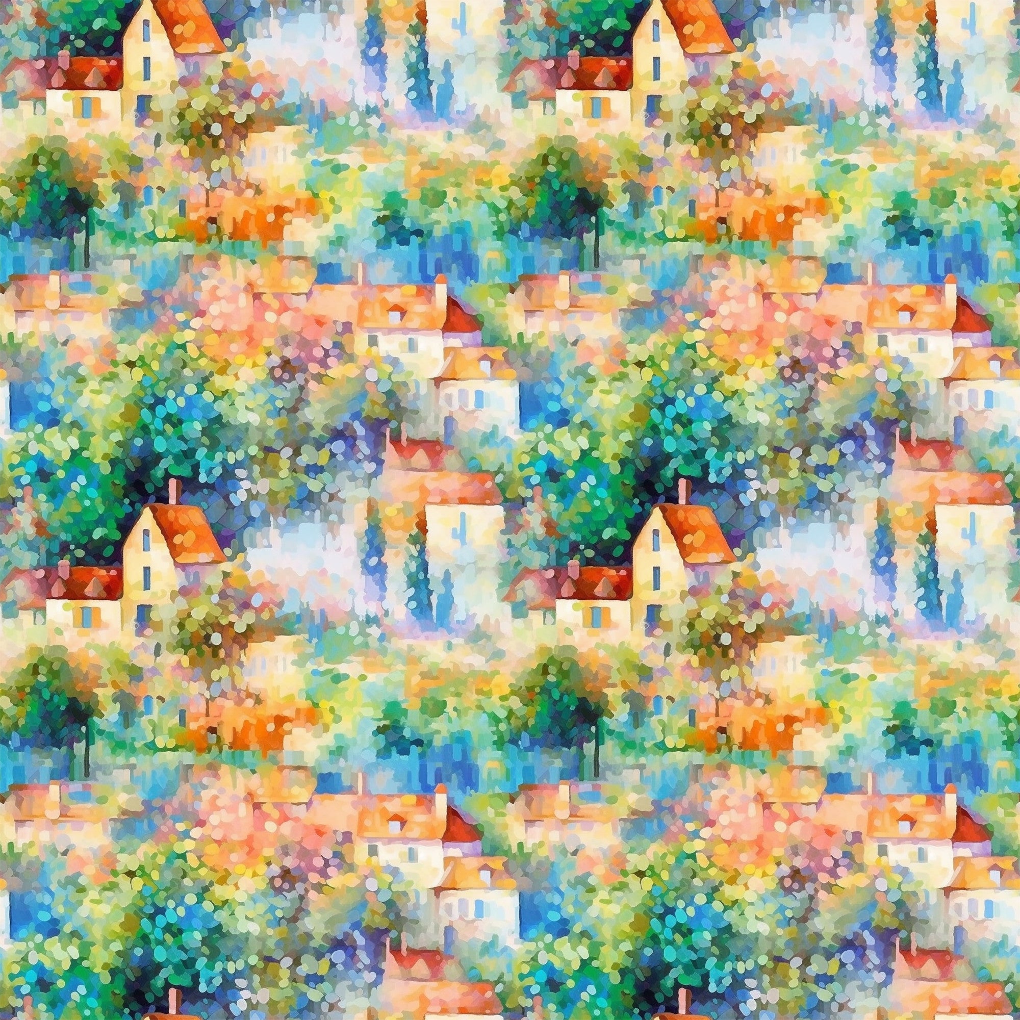 impressionist style, monet inspired, cottage houses, village scene, orange roofs, blue water, green foliage, colorful trees, pointillism technique, peaceful landscape,, fabric panel, watercolor effect, pastoral scene, european village, artistic pattern, vibrant colors, repeating motif, countryside setting, painterly style