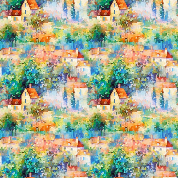 impressionist style, monet inspired, cottage houses, village scene, orange roofs, blue water, green foliage, colorful trees, pointillism technique, peaceful landscape,, fabric panel, watercolor effect, pastoral scene, european village, artistic pattern, vibrant colors, repeating motif, countryside setting, painterly style
