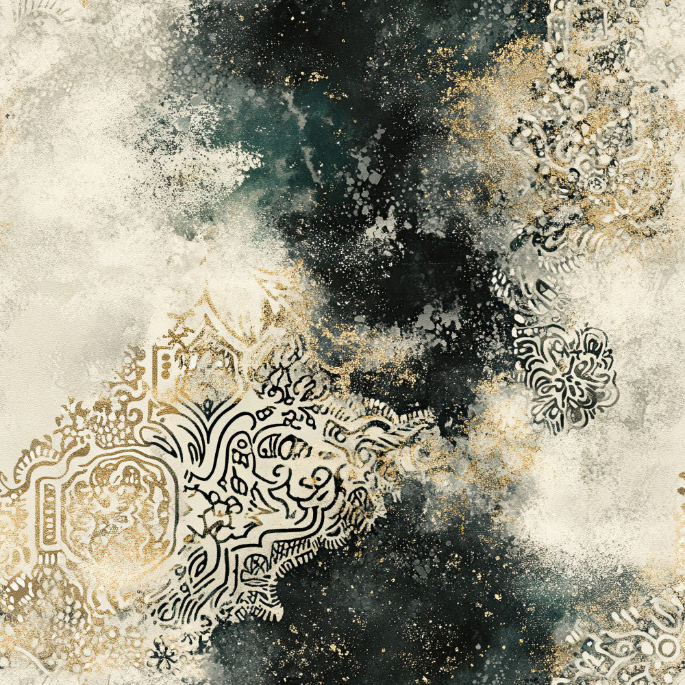 cream, ivory, gold, charcoal, forest green, teal, black, metallic gold, ornamental, damask, mandala, paisley, abstract, watercolor, splatter, grunge, vintage, bohemian, elegant, sophisticated, ornate filigree, decorative elements, oriental, ethnic, artistic, modern vintage, paint splatter, distressed, luxe, jewel tones