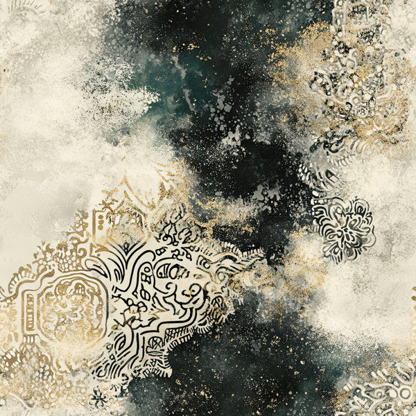 cream, ivory, gold, charcoal, forest green, teal, black, metallic gold, ornamental, damask, mandala, paisley, abstract, watercolor, splatter, grunge, vintage, bohemian, elegant, sophisticated, ornate filigree, decorative elements, oriental, ethnic, artistic, modern vintage, paint splatter, distressed, luxe, jewel tones