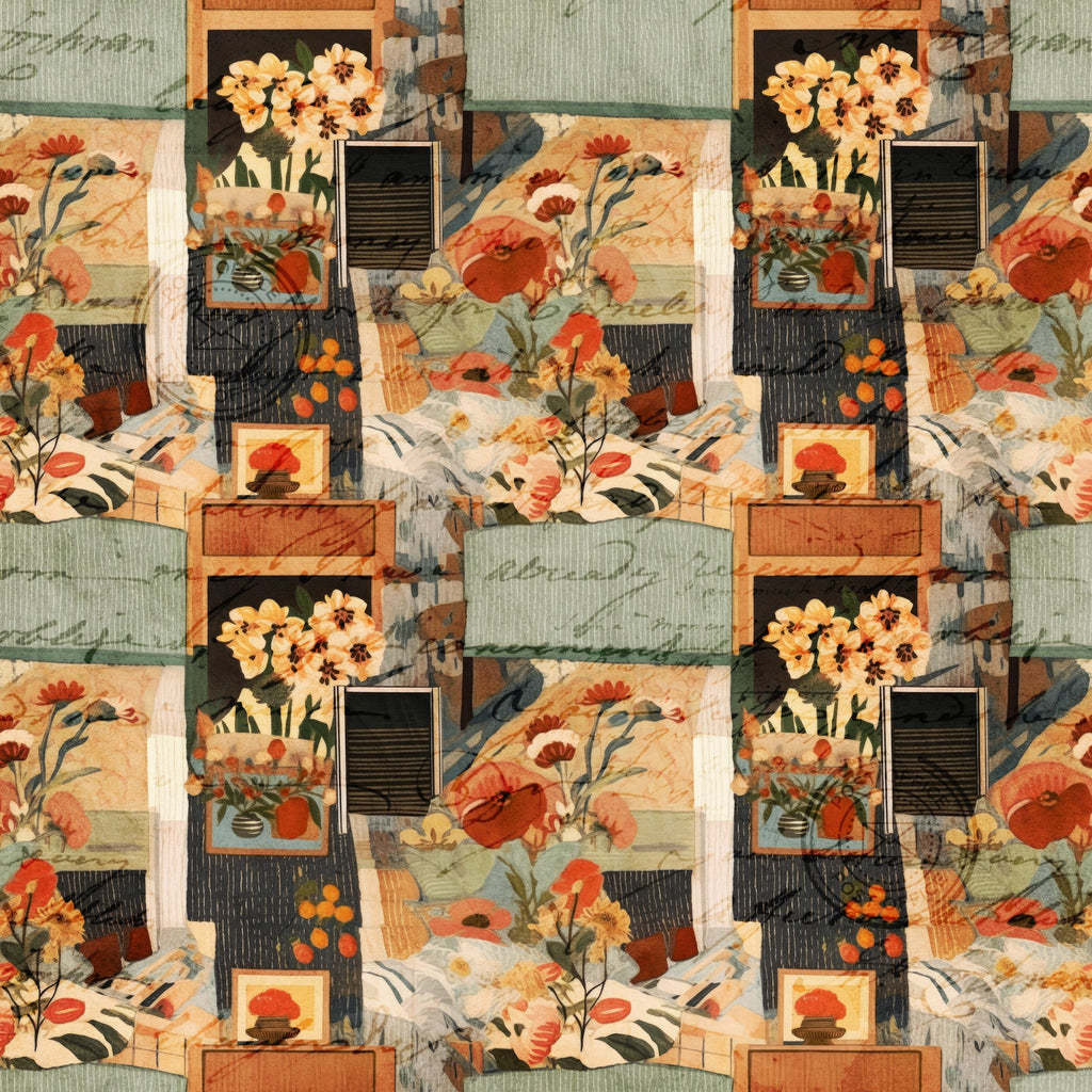 cottagecore, scrapbook collage,, fabric panel, sage green, terracotta orange, cream beige, floral motifs, vintage flowers, poppies, daisies, geometric frames, layered composition, mixed media style, botanical elements, rustic aesthetic, warm earth tones, repeating pattern, craft supplies, vintage ephemera