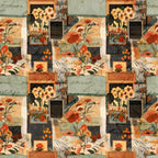 cottagecore, scrapbook collage,, fabric panel, sage green, terracotta orange, cream beige, floral motifs, vintage flowers, poppies, daisies, geometric frames, layered composition, mixed media style, botanical elements, rustic aesthetic, warm earth tones, repeating pattern, craft supplies, vintage ephemera