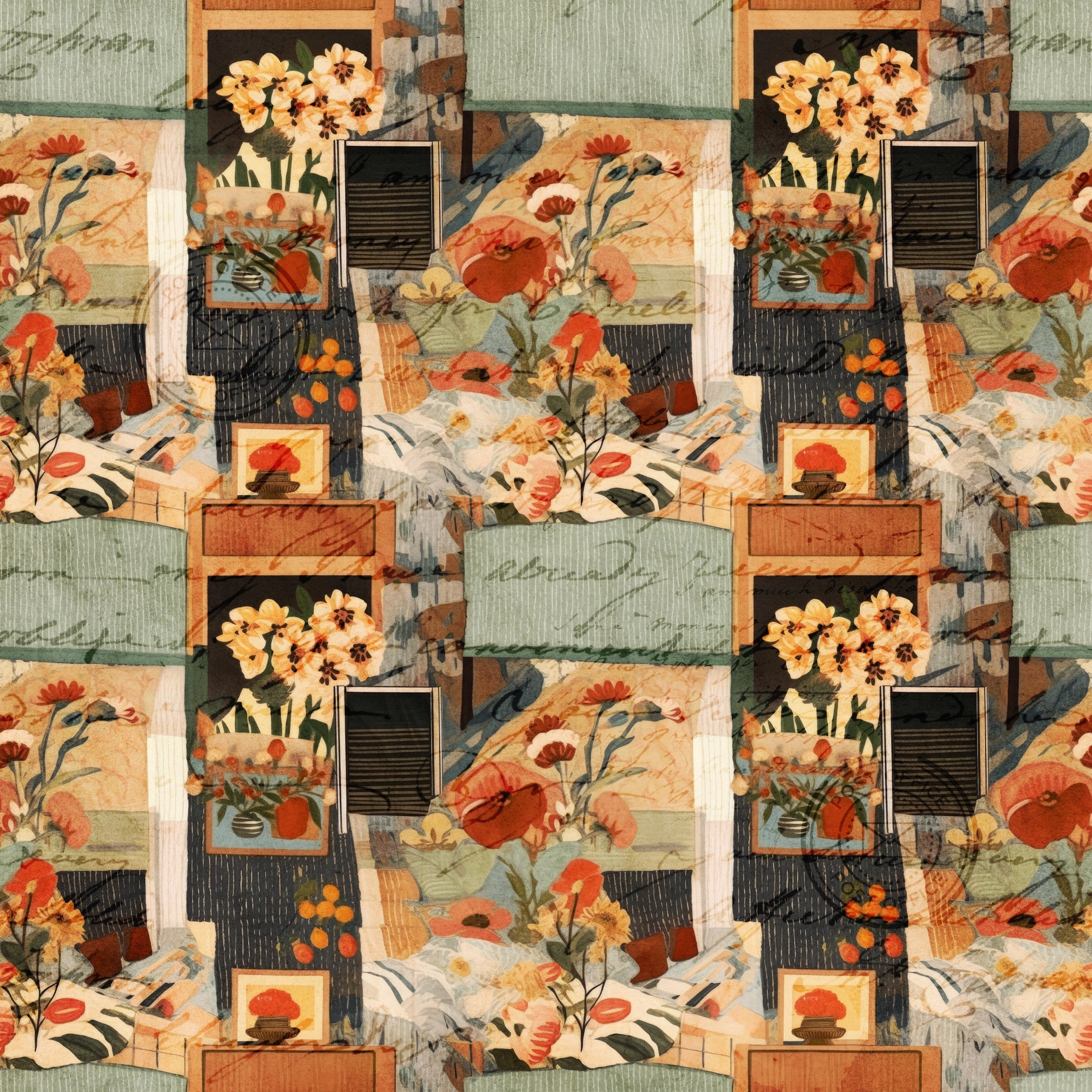 cottagecore, scrapbook collage,, fabric panel, sage green, terracotta orange, cream beige, floral motifs, vintage flowers, poppies, daisies, geometric frames, layered composition, mixed media style, botanical elements, rustic aesthetic, warm earth tones, repeating pattern, craft supplies, vintage ephemera