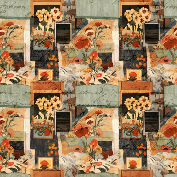 cottagecore, scrapbook collage,, fabric panel, sage green, terracotta orange, cream beige, floral motifs, vintage flowers, poppies, daisies, geometric frames, layered composition, mixed media style, botanical elements, rustic aesthetic, warm earth tones, repeating pattern, craft supplies, vintage ephemera