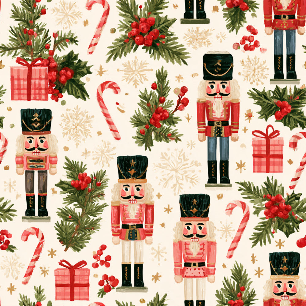 christmas, holiday, nutcracker, traditional, festive, red, forest green, cream, gold, candy cane, pine branches, berries, presents, gifts, snowflakes, whimsical, vintage, classic, seasonal, winter, children, kids, nursery, playroom, decorative, nostalgic, timeless, red plaid, holly, festive print