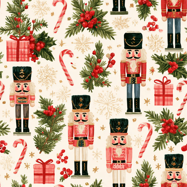 christmas, holiday, nutcracker, traditional, festive, red, forest green, cream, gold, candy cane, pine branches, berries, presents, gifts, snowflakes, whimsical, vintage, classic, seasonal, winter, children, kids, nursery, playroom, decorative, nostalgic, timeless, red plaid, holly, festive print