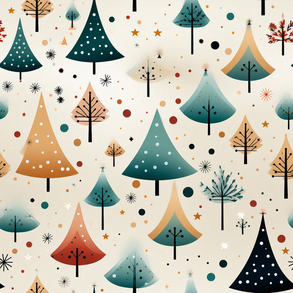 christmas trees, winter wonderland, teal, orange, peach, cream background, geometric trees, polka dots, stars, snowflakes, scattered dots, modern illustration, festive pattern,, fabric panel, holiday theme, minimalist style, contemporary design, seasonal motif, winter forest