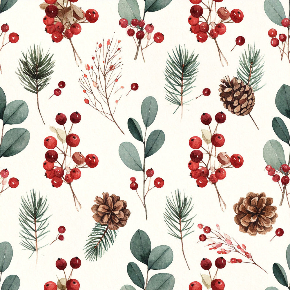 christmas, holiday, winter, autumn, fall, nature, botanical, red berries, pinecones, evergreen, eucalyptus, festive, rustic, elegant, traditional, cream, sage green, forest green, burgundy, deep red, watercolor, hand-painted, vintage, natural, woodland, decorative, seasonal, homeware, home decor