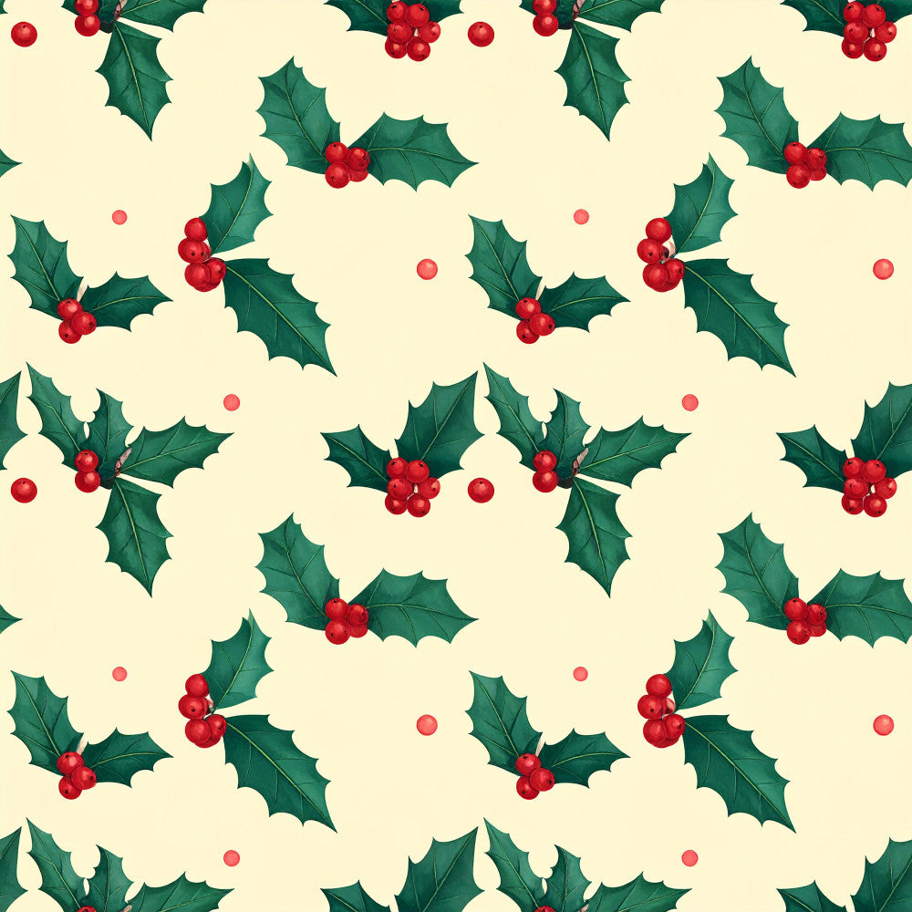 cream, red, forest green, dark green, holly berries, holly leaves, christmas, holiday, festive, winter, nature, botanical, traditional, elegant, seasonal, decorative, red berries, green foliage, classic, timeless, home decor, nursery, festive theme, winter botanical, holiday themed, scattered pattern, repeating motif, celebration, yuletide, merry