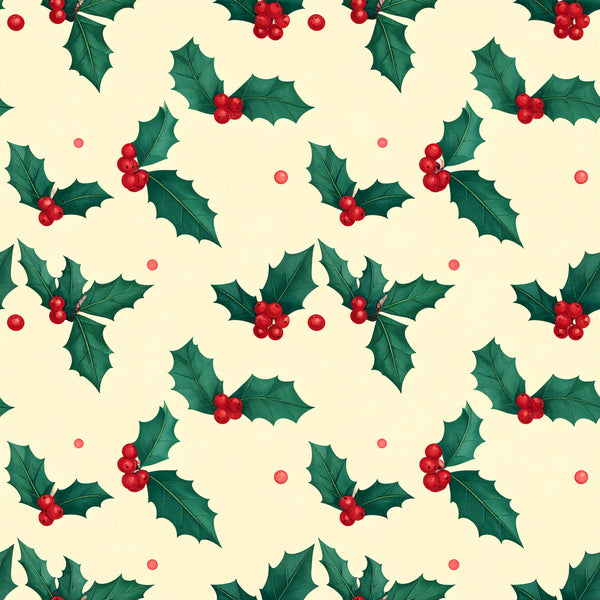 cream, red, forest green, dark green, holly berries, holly leaves, christmas, holiday, festive, winter, nature, botanical, traditional, elegant, seasonal, decorative, red berries, green foliage, classic, timeless, home decor, nursery, festive theme, winter botanical, holiday themed, scattered pattern, repeating motif, celebration, yuletide, merry