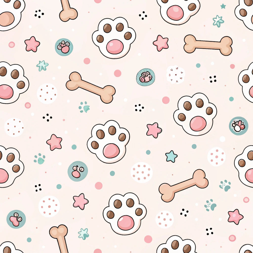 dog paws, paw prints, dog bones, pink background, pastel colors, brown paw pads, beige bones, cute pattern, kawaii style, pet theme,, fabric panel, playful design, animal motifs, soft pink, light blue accents, whimsical, scattered pattern, pet lover, crafting fabric